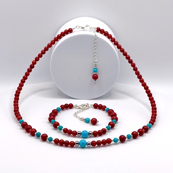 Red Coral & Turquoise Choker Necklace - Picture 6 of 10